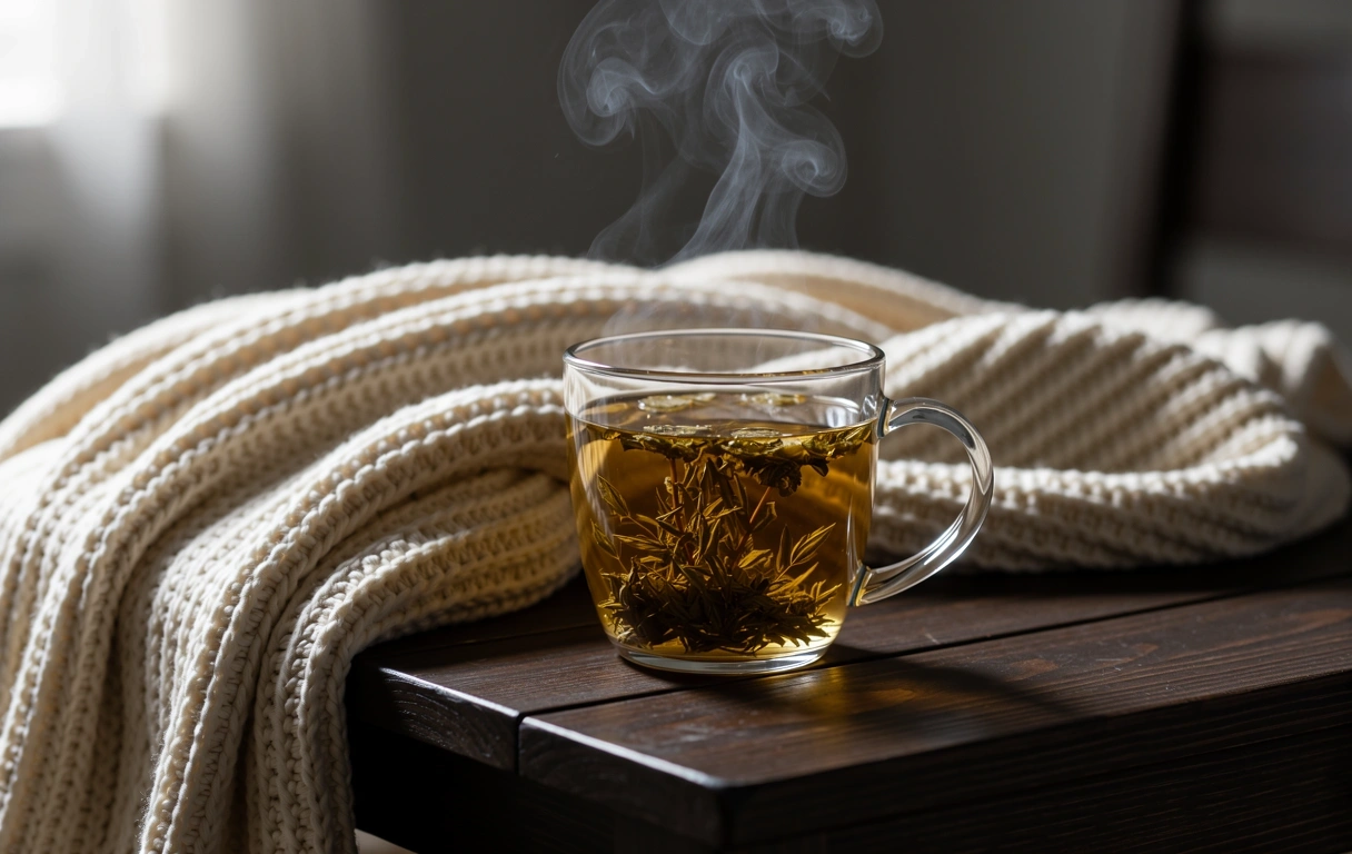 Dampfende Teetasse in gemütlichem Ambiente